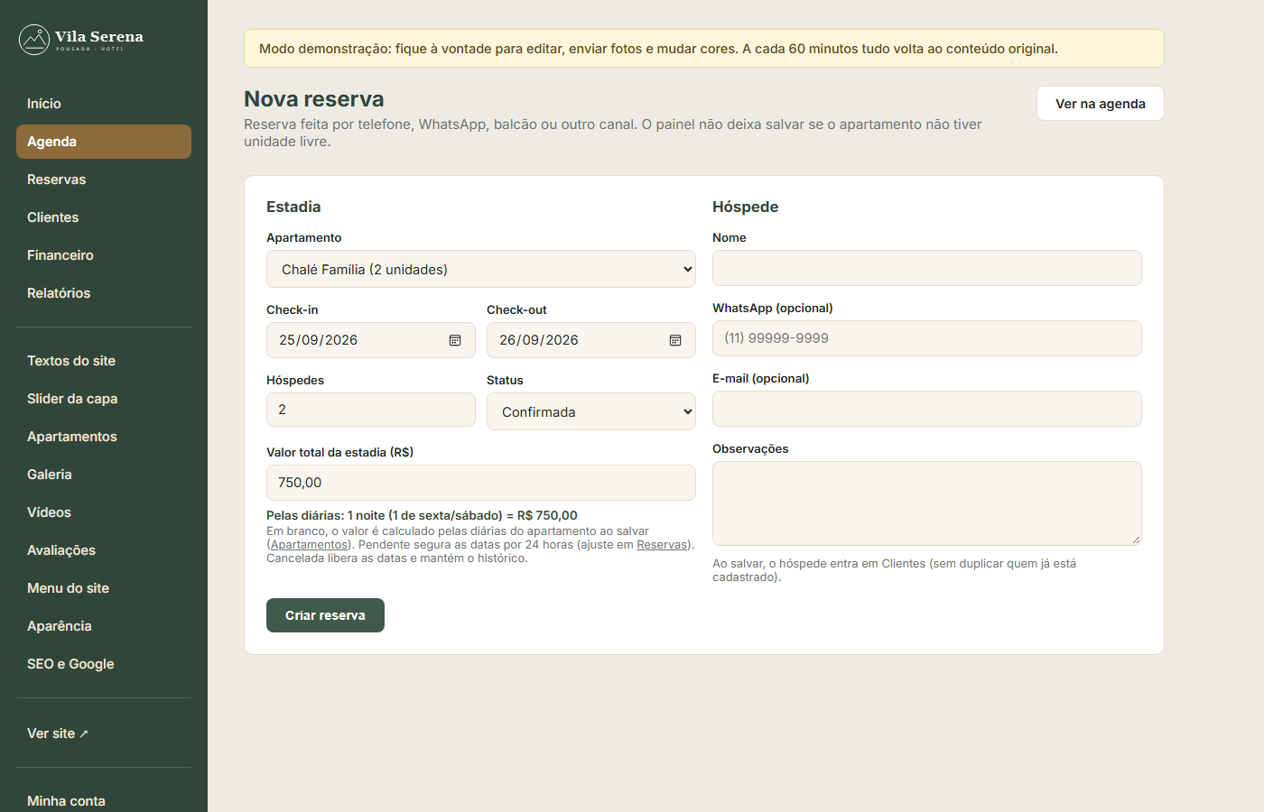 Site para pousadas e hotéis com painel completo